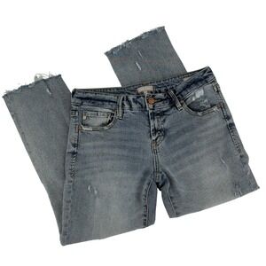 Dear John Erin Slim Straight Jeans Distressed Light Wash Cropped Raw Hem 27 Boho